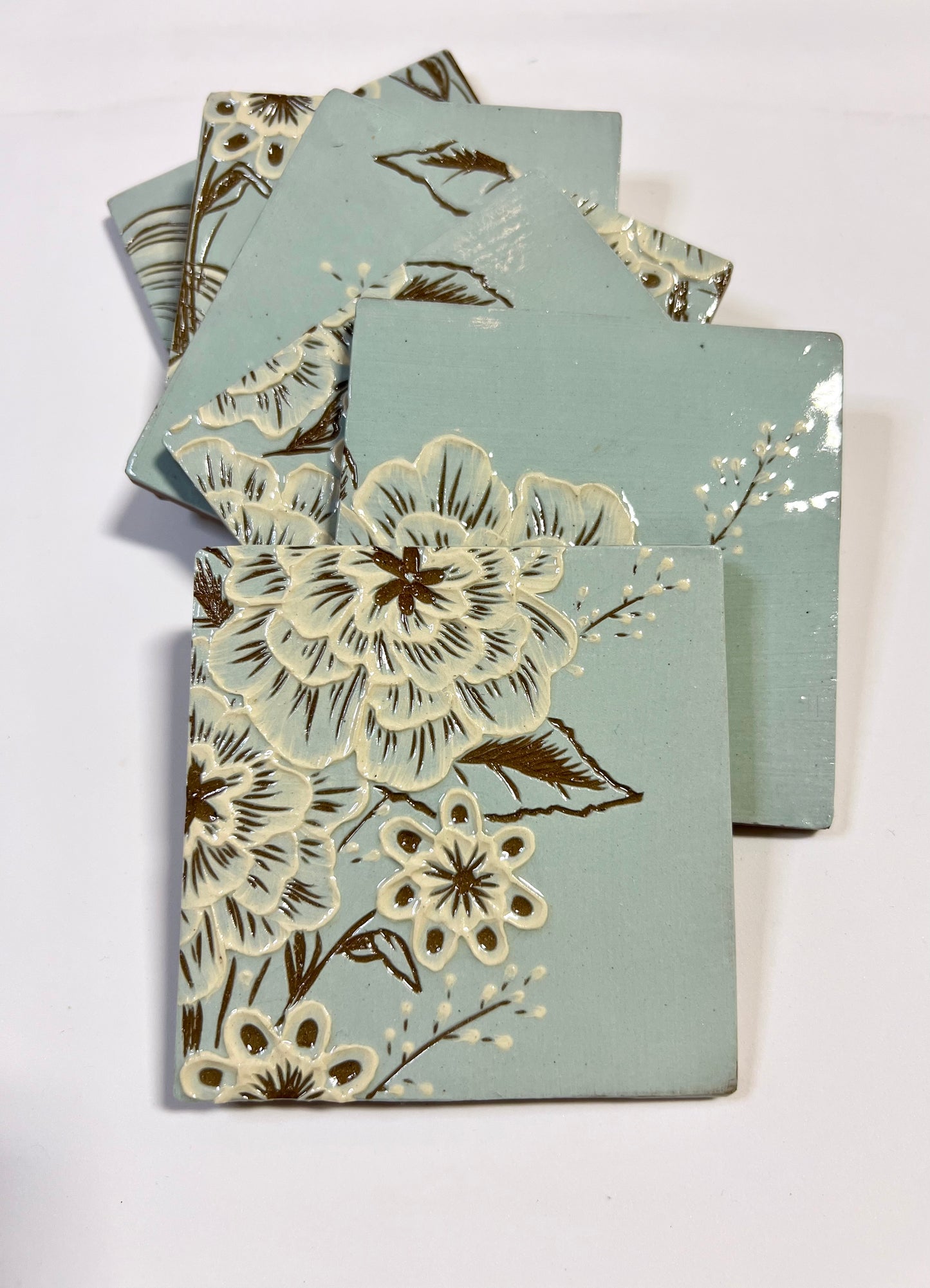 Blue Flowers Handmade Tile Set
