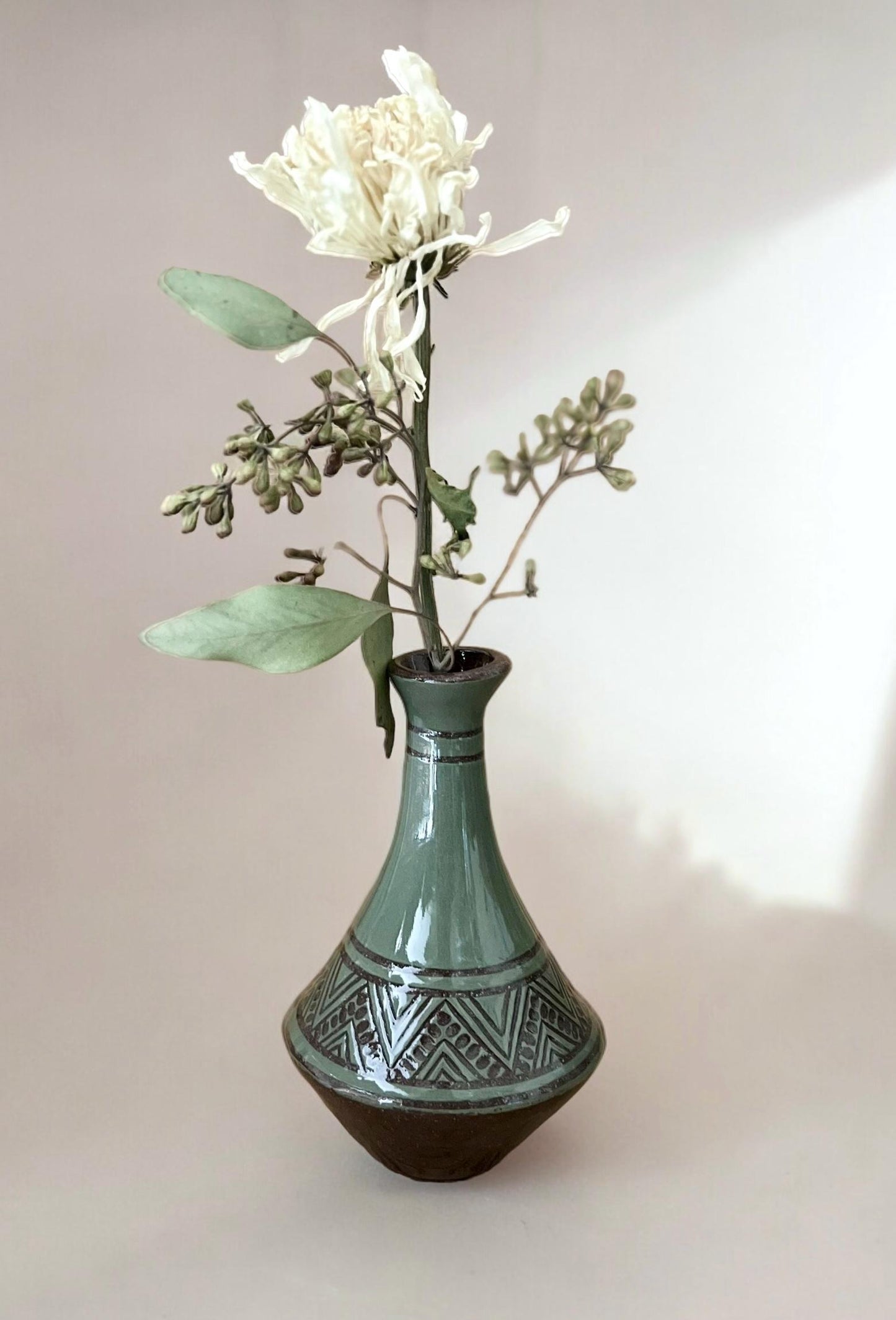 Teal Carved Bud Vase Small