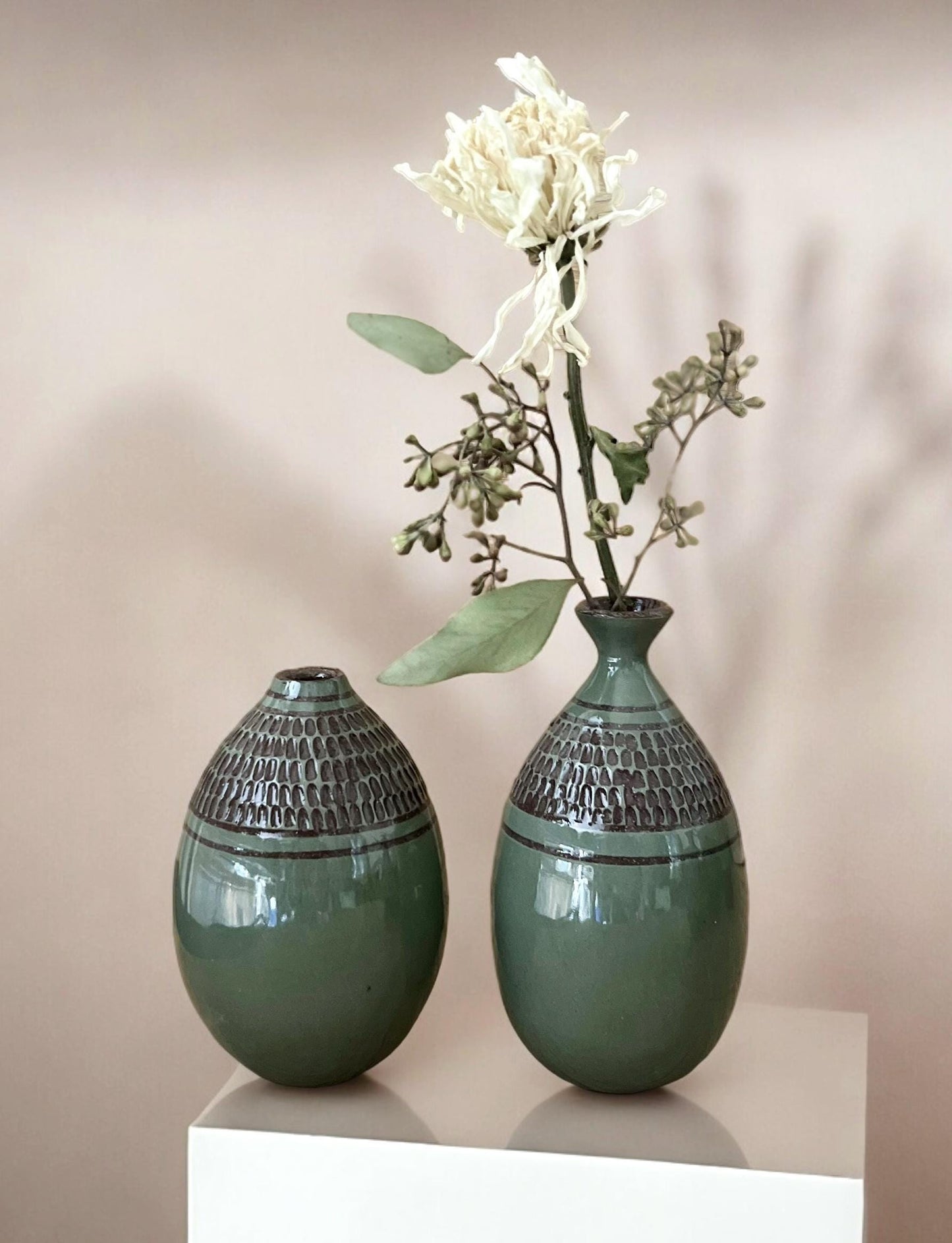 Teal Carved Bud Vase Small
