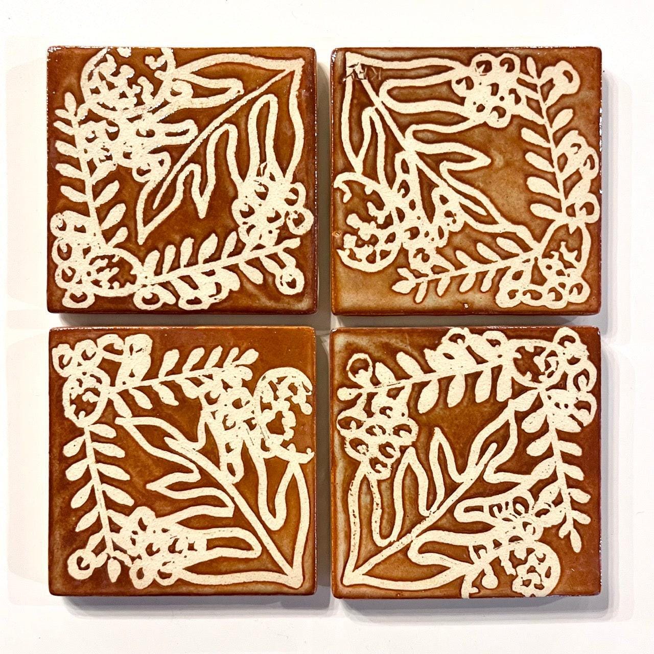 4 inch Ceramic Coaster Tiles, Hawaiian Plant Design handmade