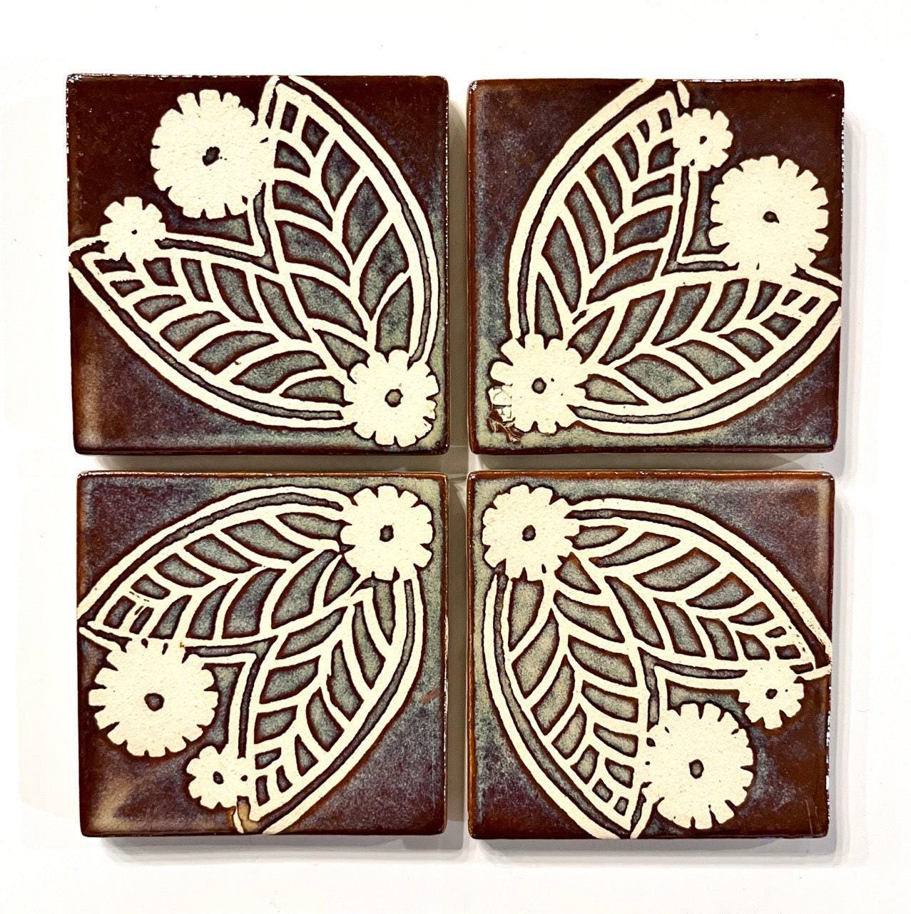 4 inch Ceramic Coaster Tiles, Hawaiian Plant Design handmade
