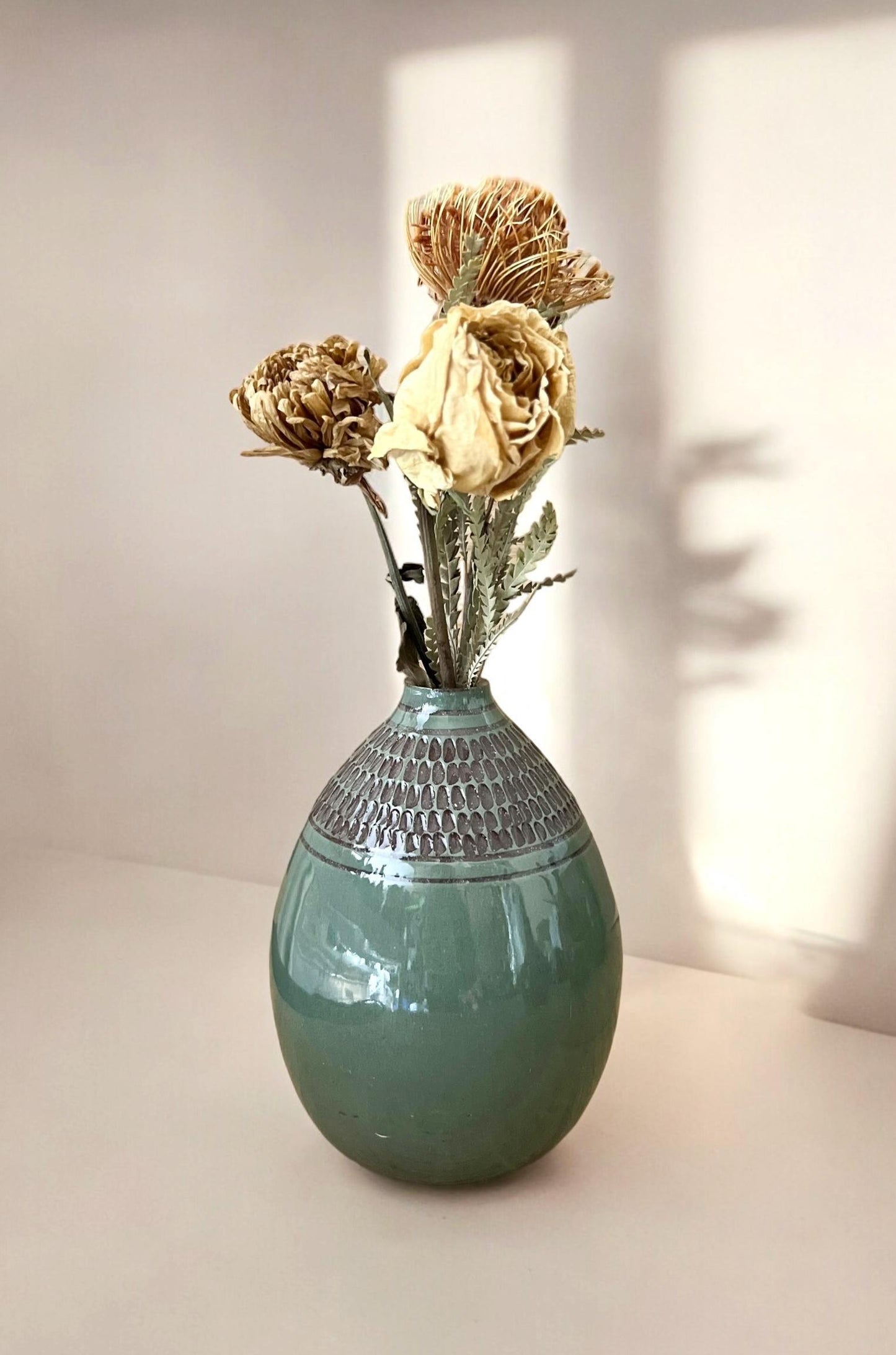 Teal Carved Bud Vase Medium