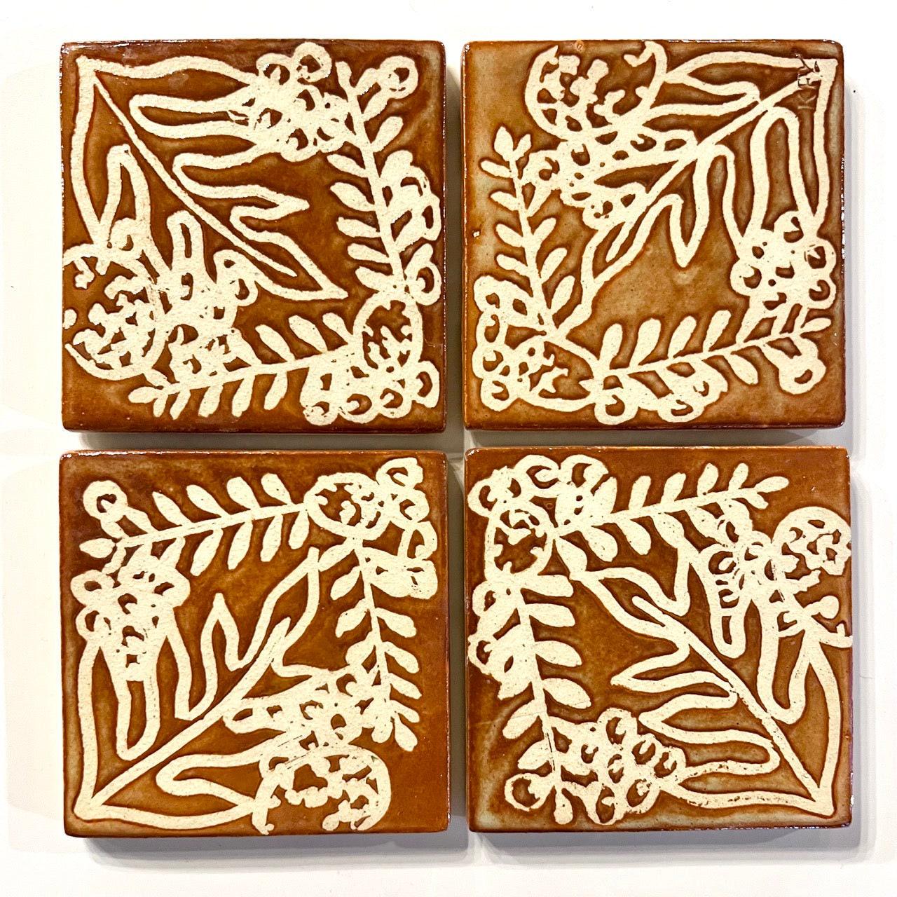 4 inch Ceramic Coaster Tiles, Hawaiian Plant Design handmade