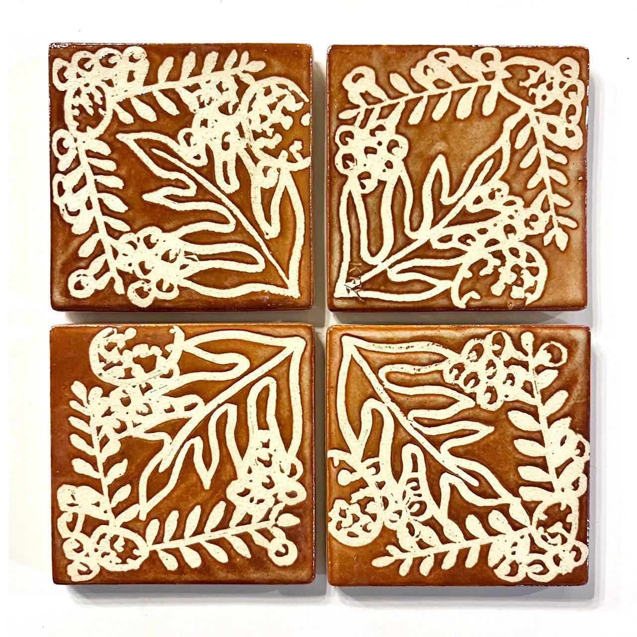 4 inch Ceramic Coaster Tiles, Hawaiian Plant Design handmade