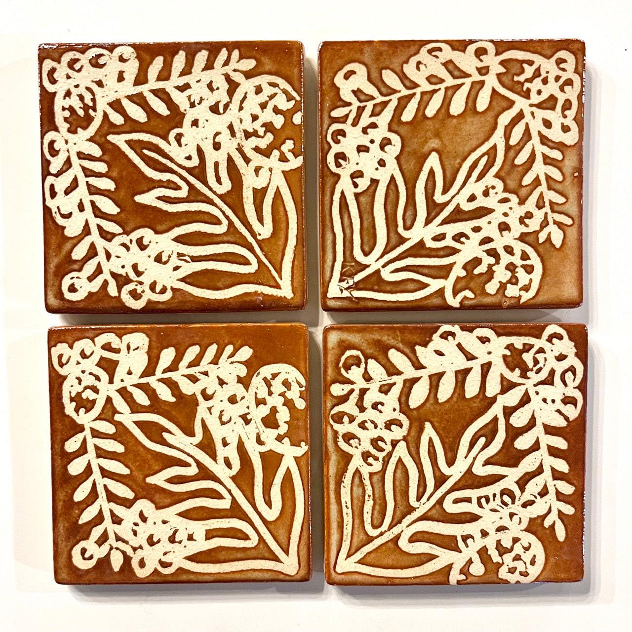 4 inch Ceramic Coaster Tiles, Hawaiian Plant Design handmade