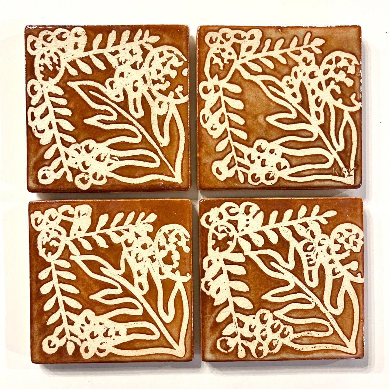4 inch Ceramic Coaster Tiles, Hawaiian Plant Design handmade