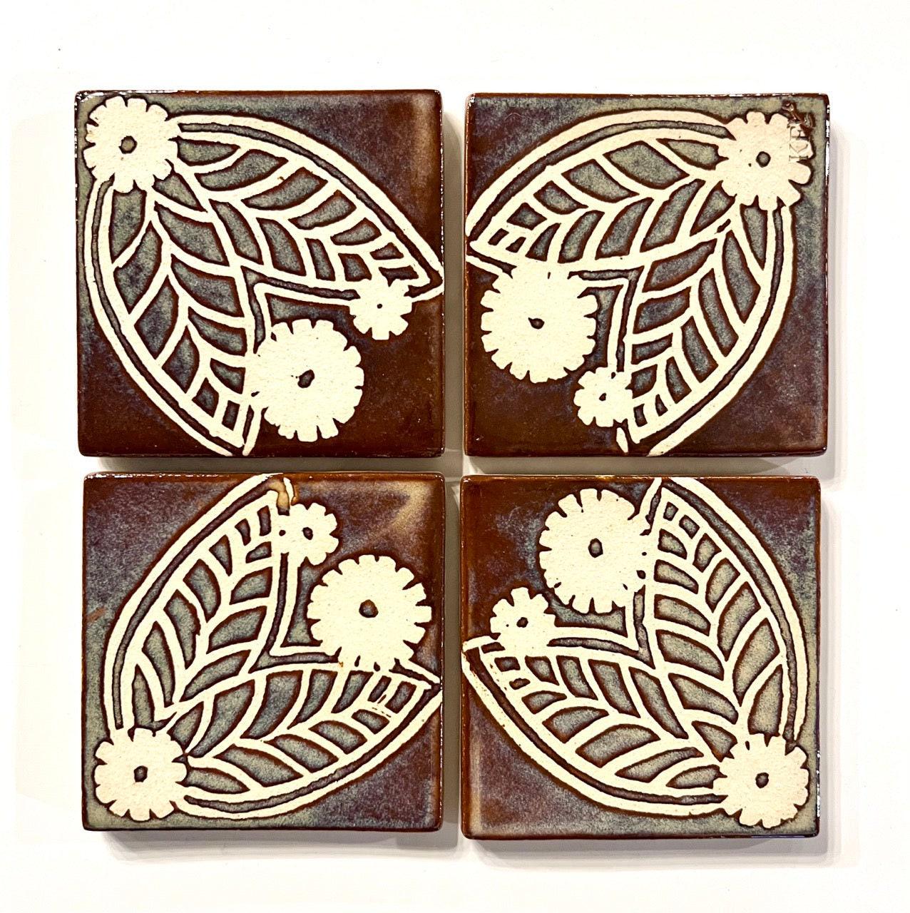 4 inch Ceramic Coaster Tiles, Hawaiian Plant Design handmade