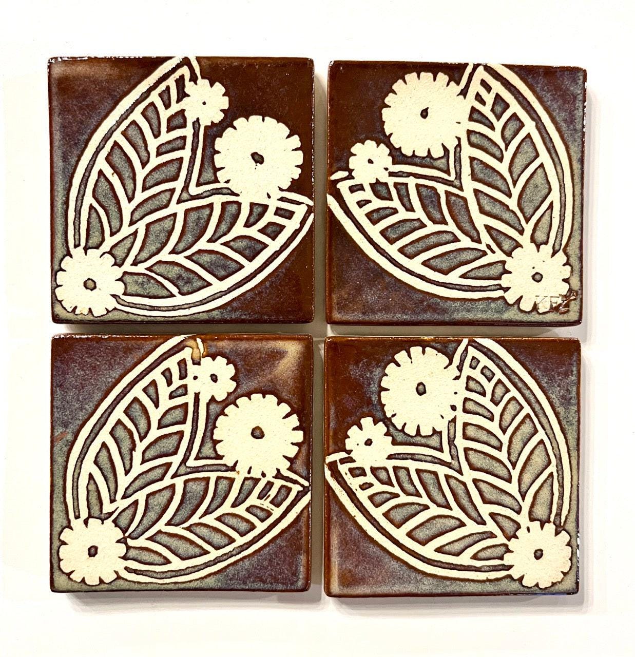 4 inch Ceramic Coaster Tiles, Hawaiian Plant Design handmade