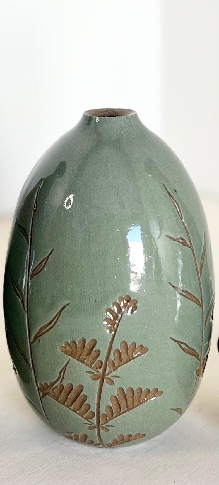 Teal Carved Bud Vase Large