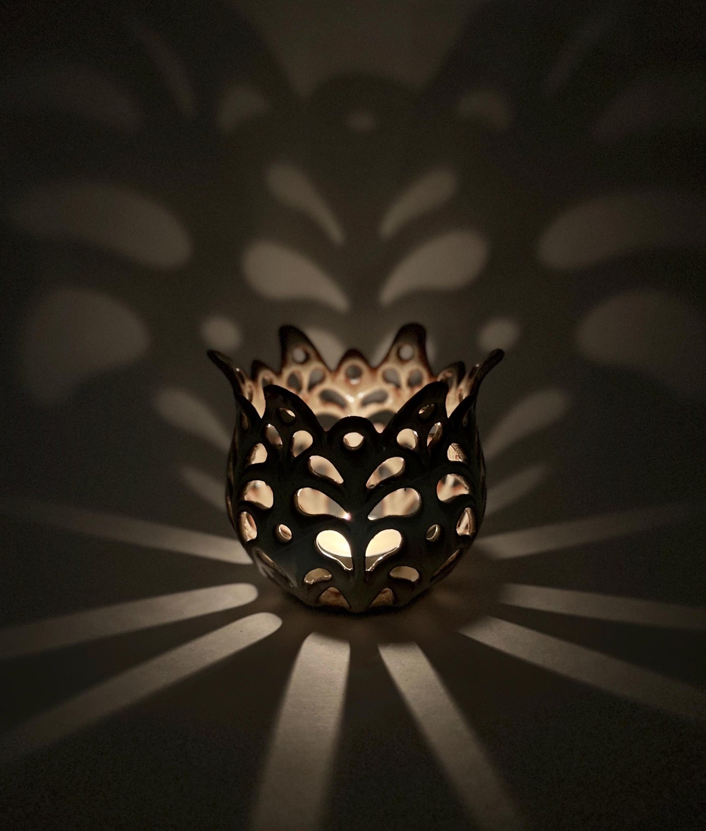 Carved Floral Ceramic Votive, candle holder