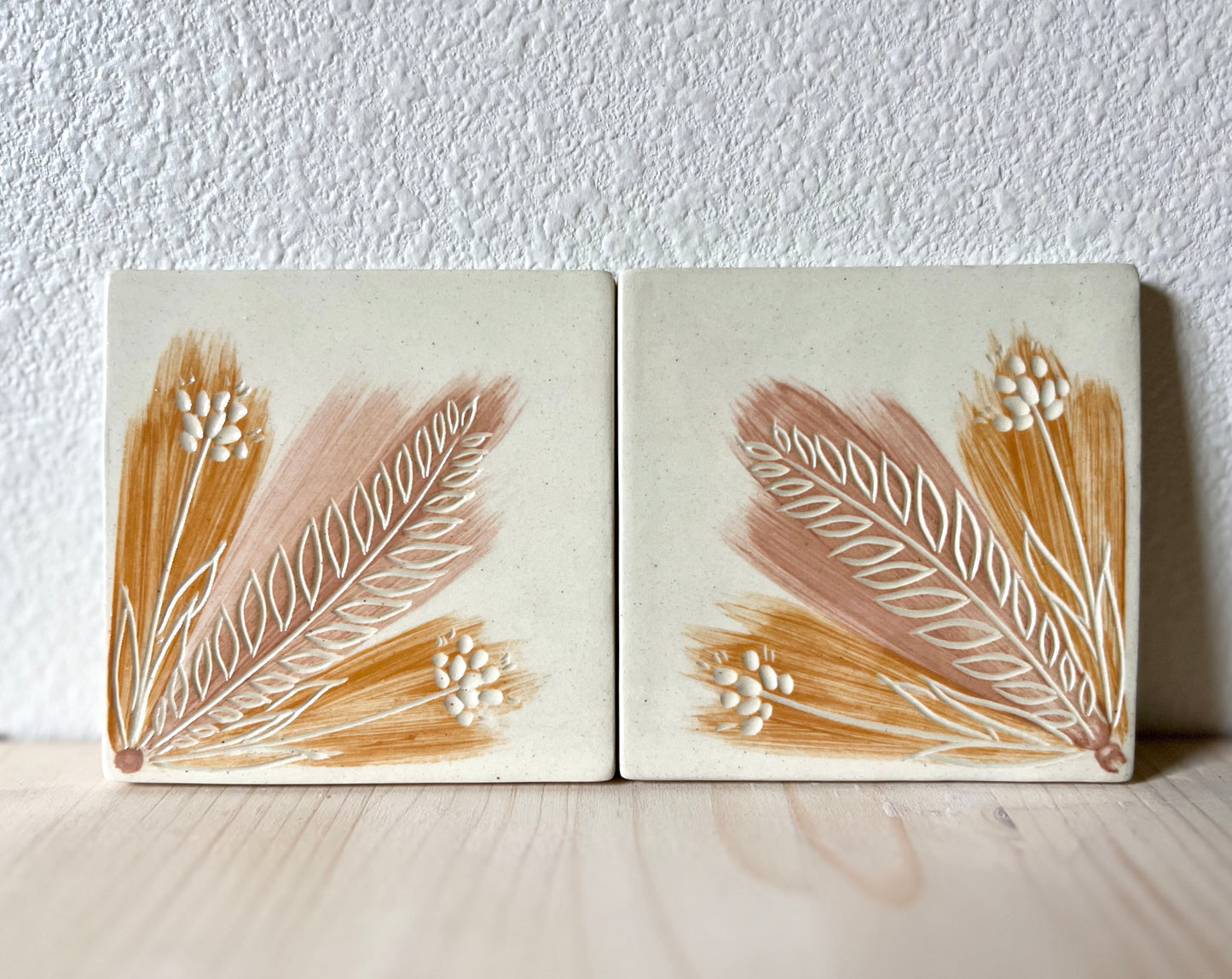 4 inch Ceramic Coaster Tiles, Pastel Plant Design handmade