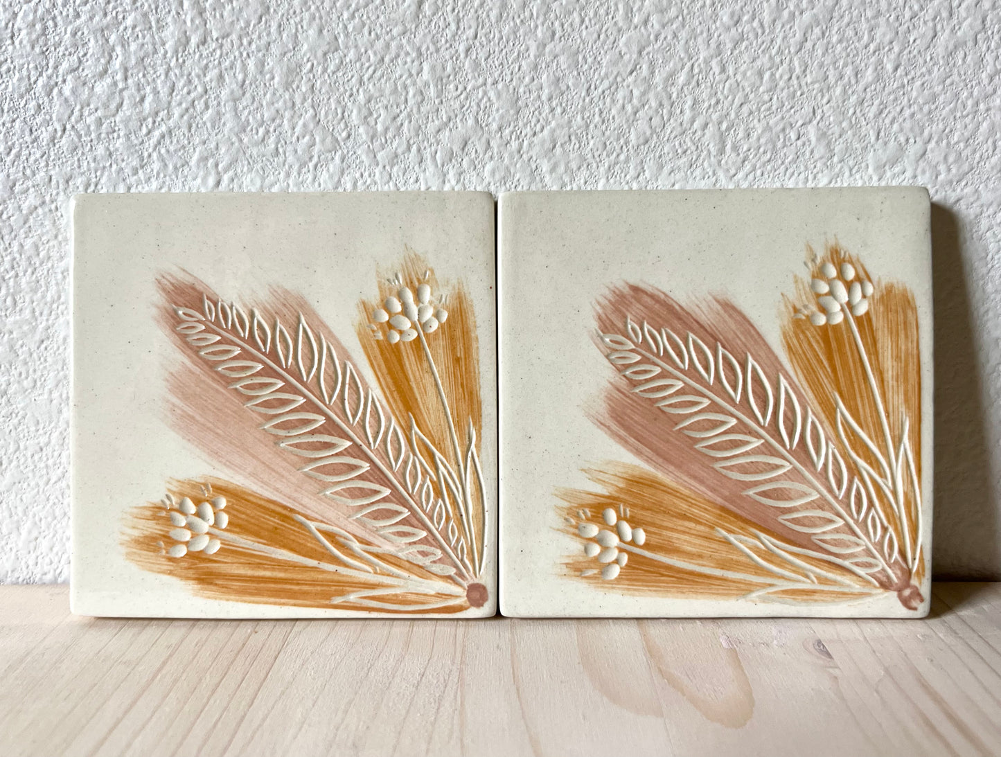 4 inch Ceramic Coaster Tiles, Pastel Plant Design handmade