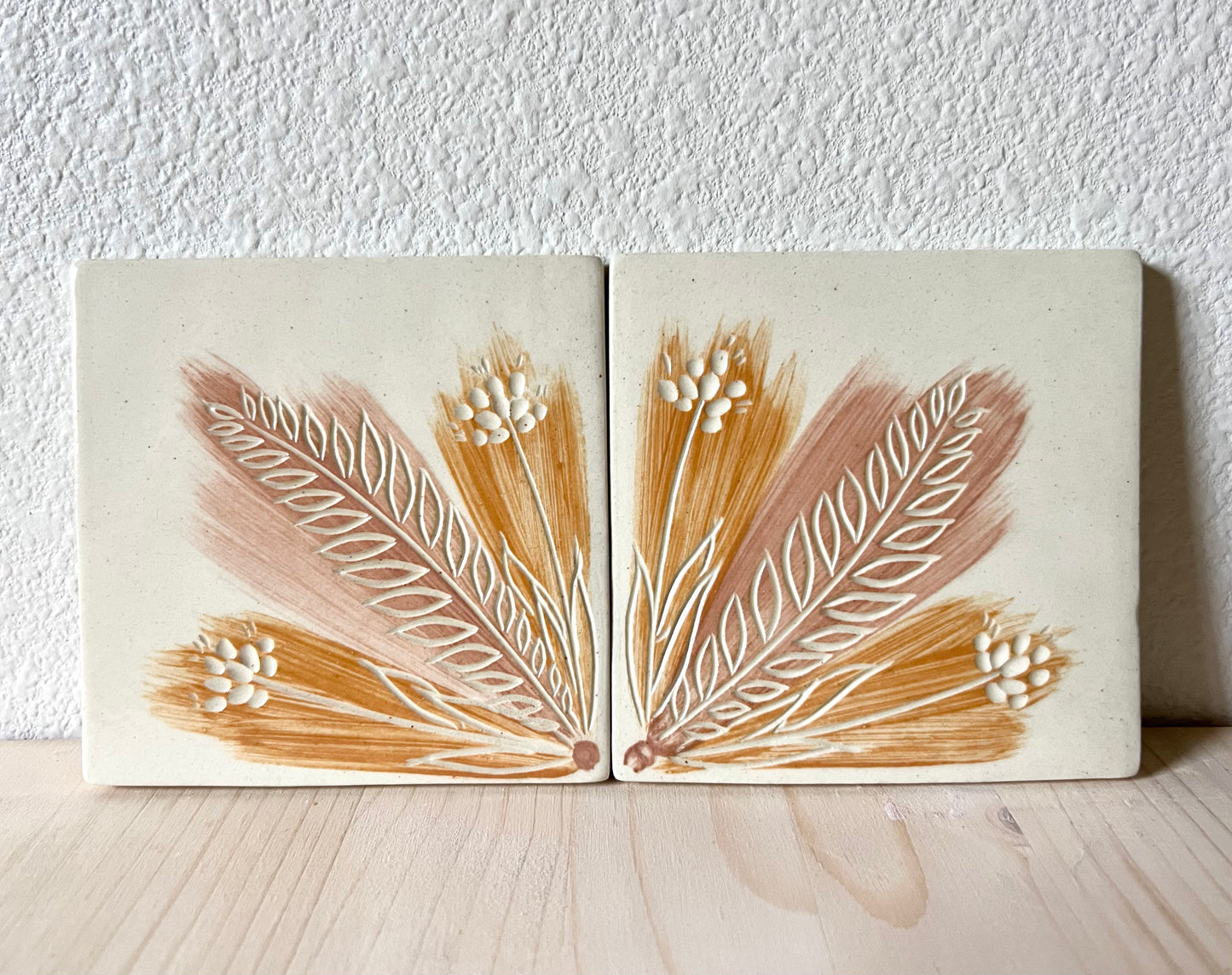 4 inch Ceramic Coaster Tiles, Pastel Plant Design handmade