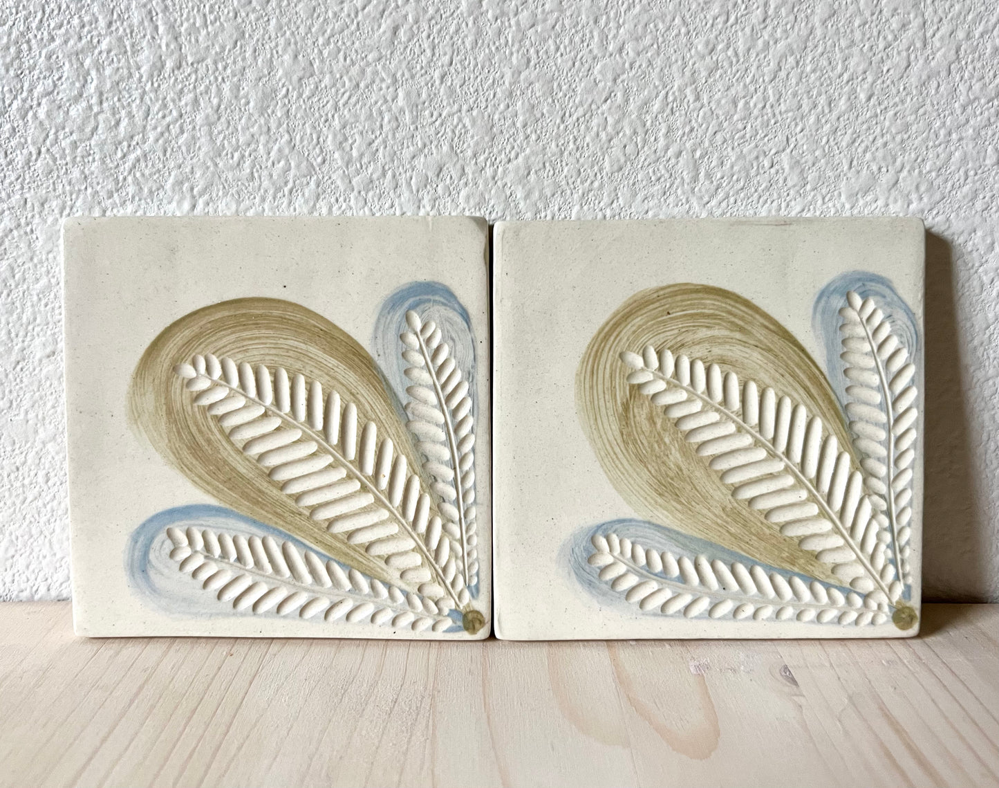 4 inch Ceramic Coaster Tiles, Pastel Plant Design handmade