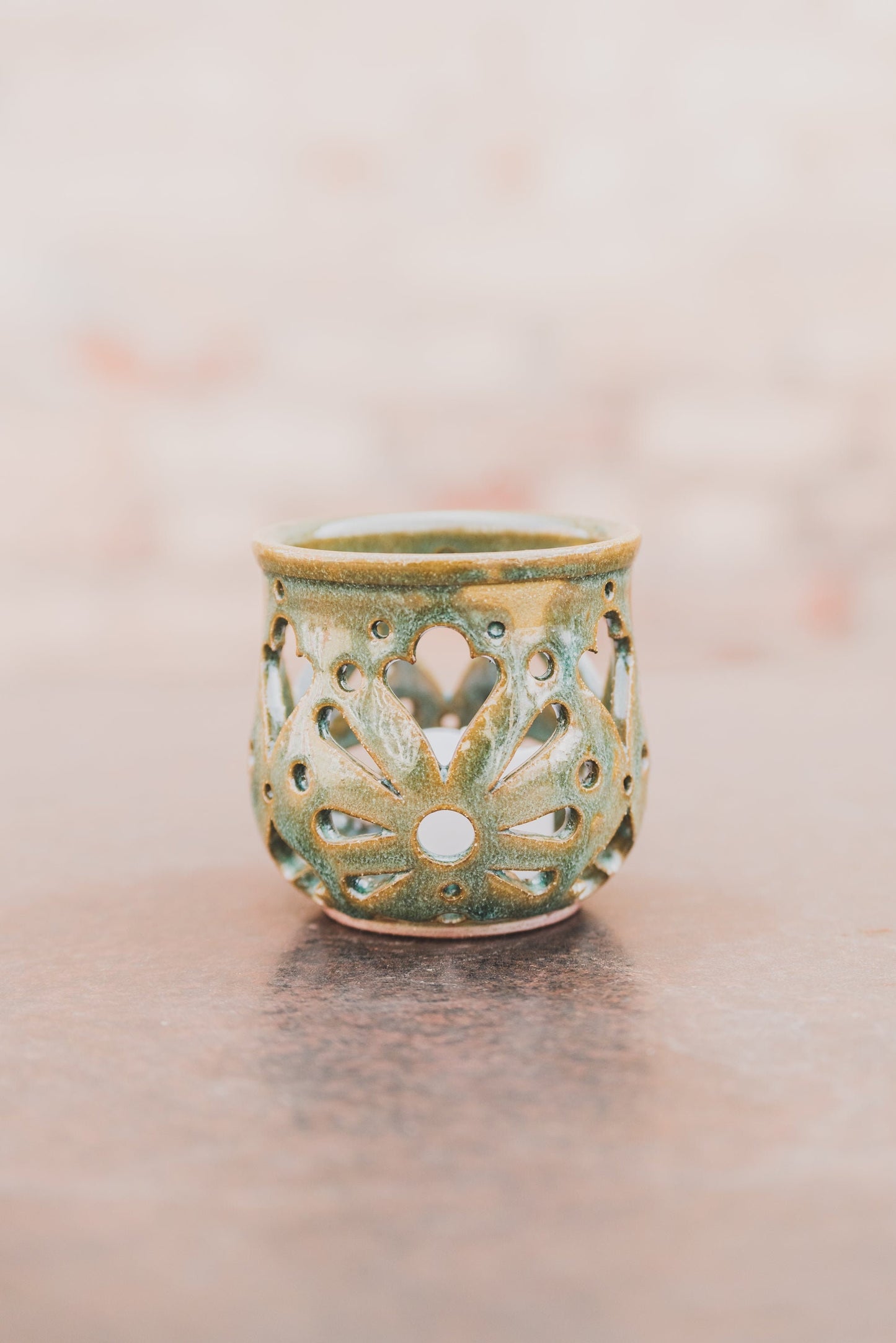 Carved Ceramic tea light holder, candle holder