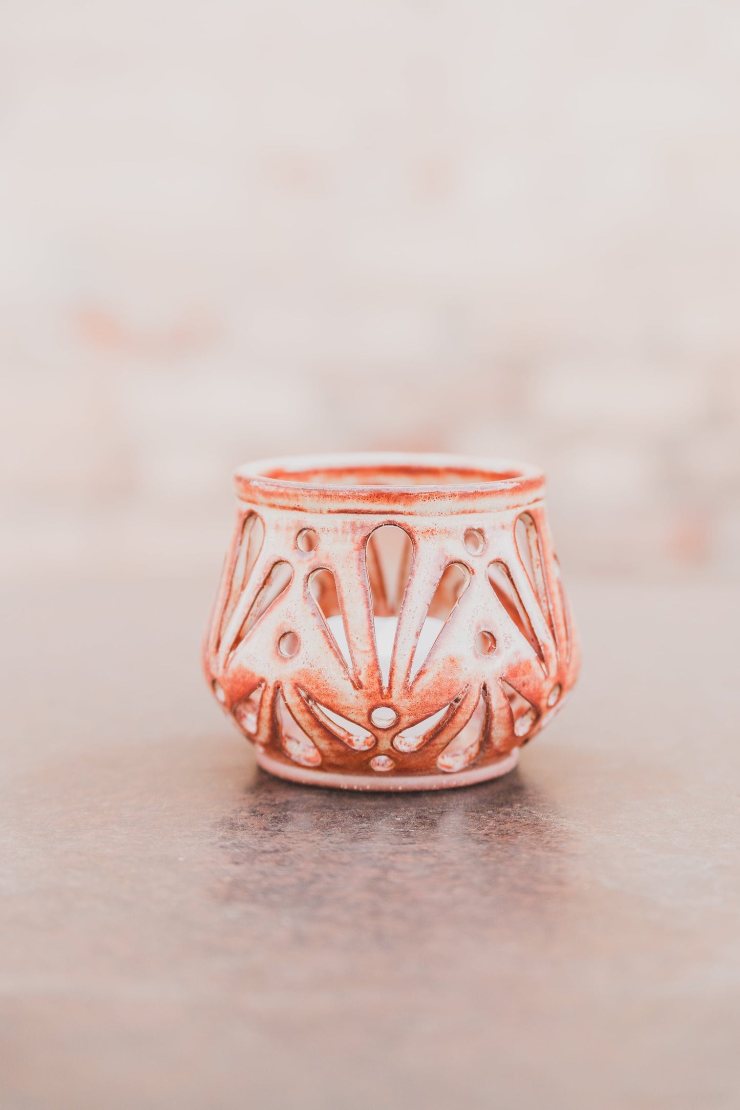 Carved Ceramic tea light holder, candle holder