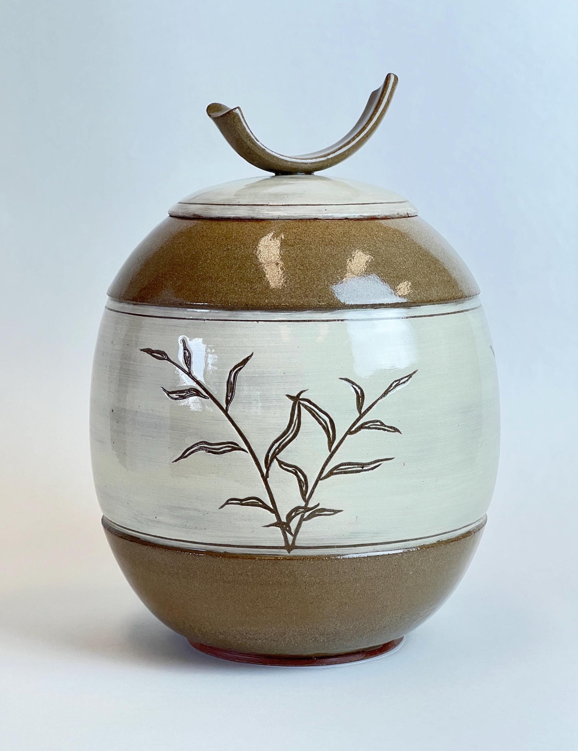 Ceramic Lidded Jar, Palm leaf design, ceramic jar plant design