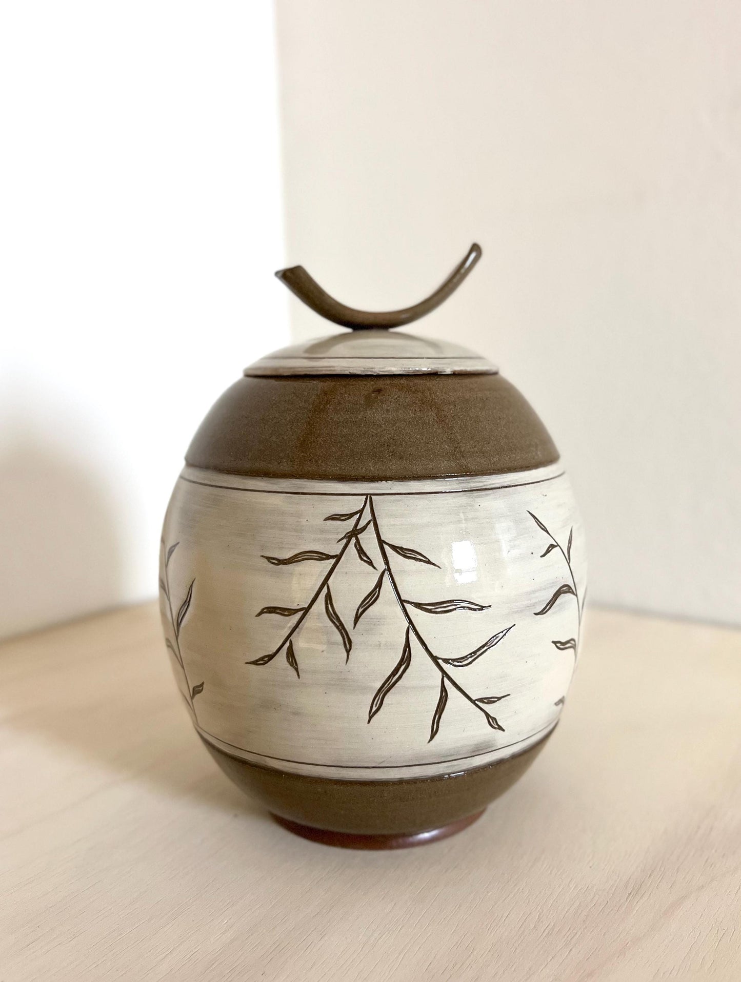 Ceramic Lidded Jar, Palm leaf design, ceramic jar plant design