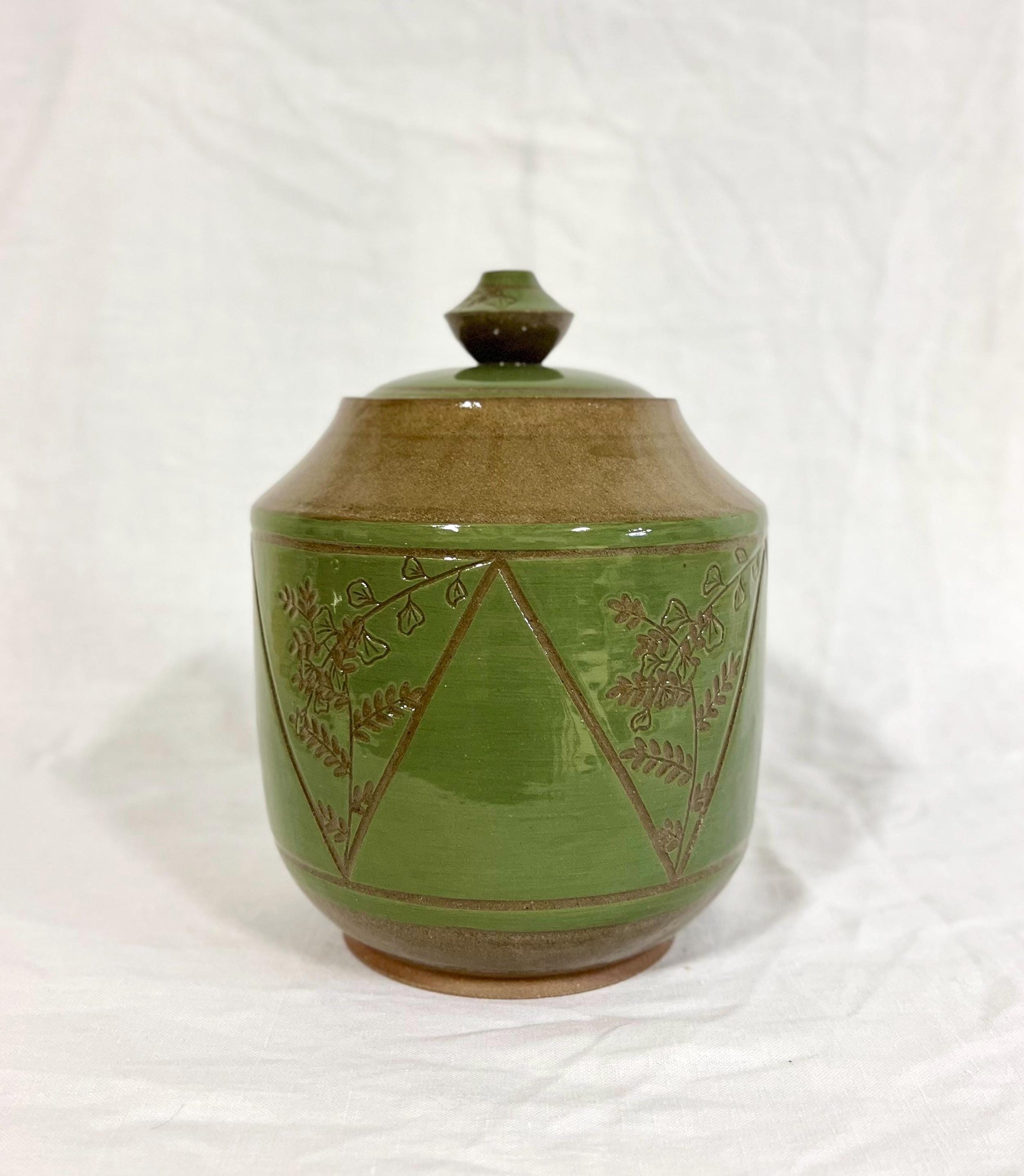 Ceramic Lidded Jar, Triangle Plant design, Botanical Geometry