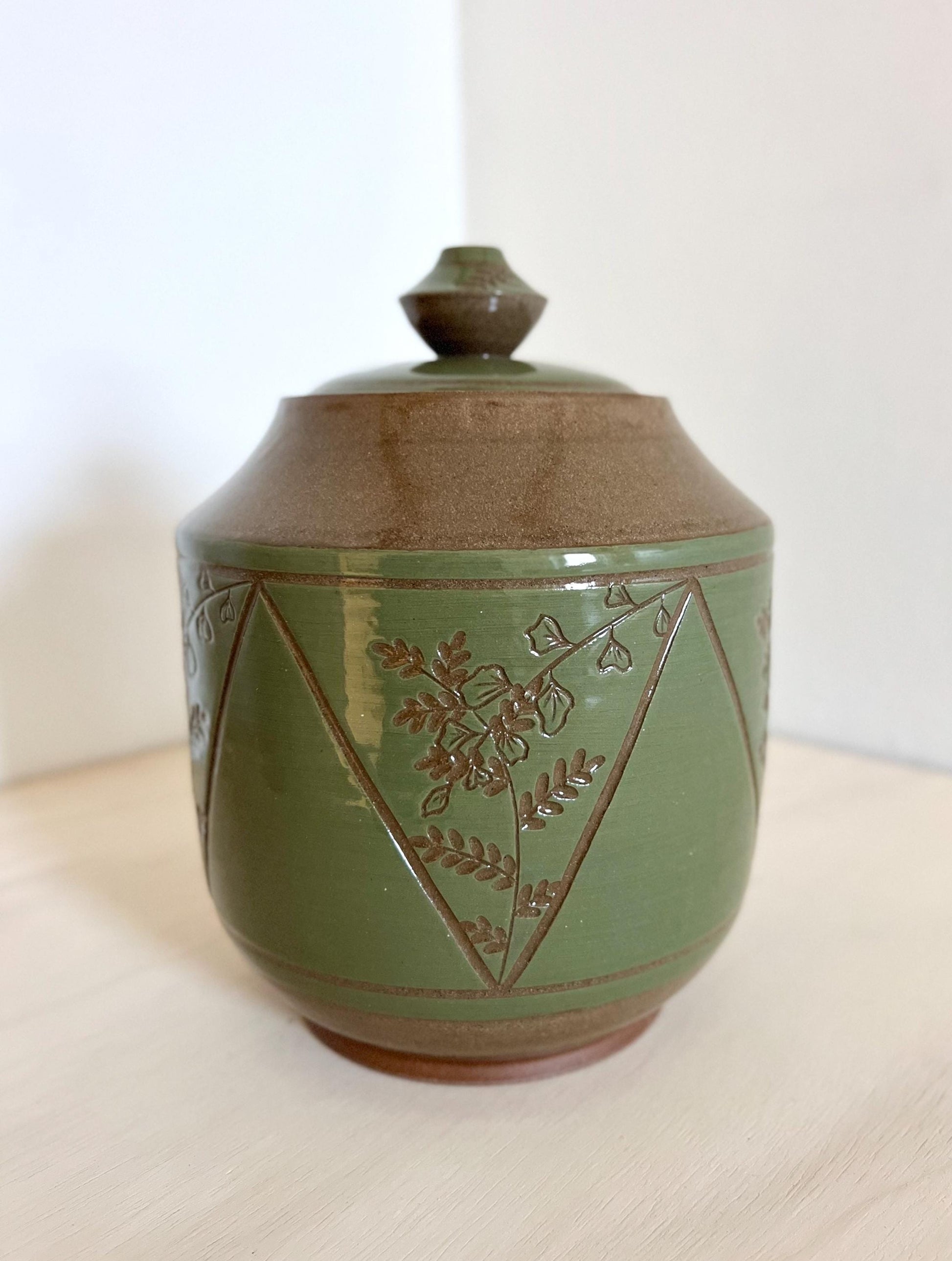 Ceramic Lidded Jar, Triangle Plant design, Botanical Geometry