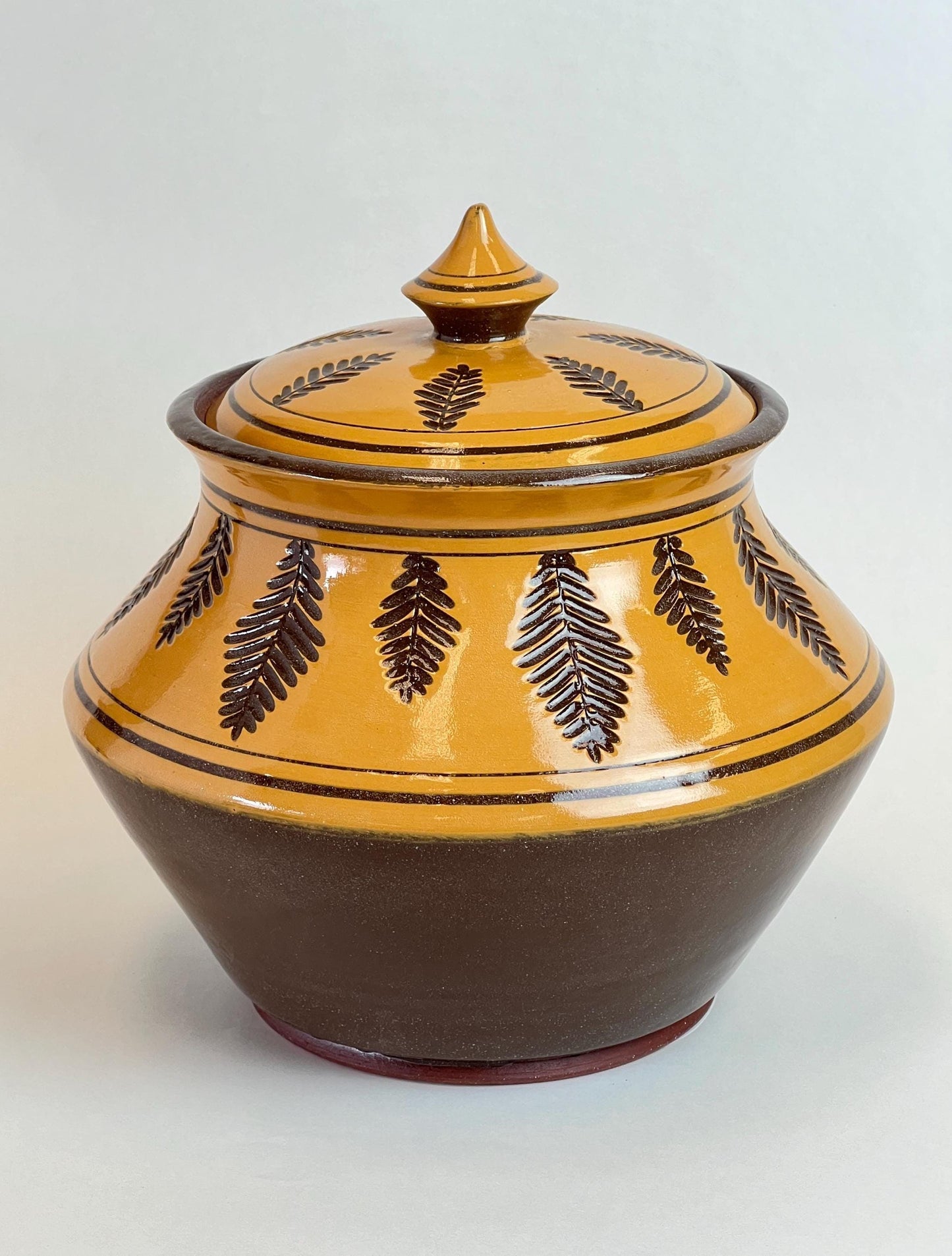 Ceramic Lidded Jar, Golden Fern design, ceramic jar Fern design