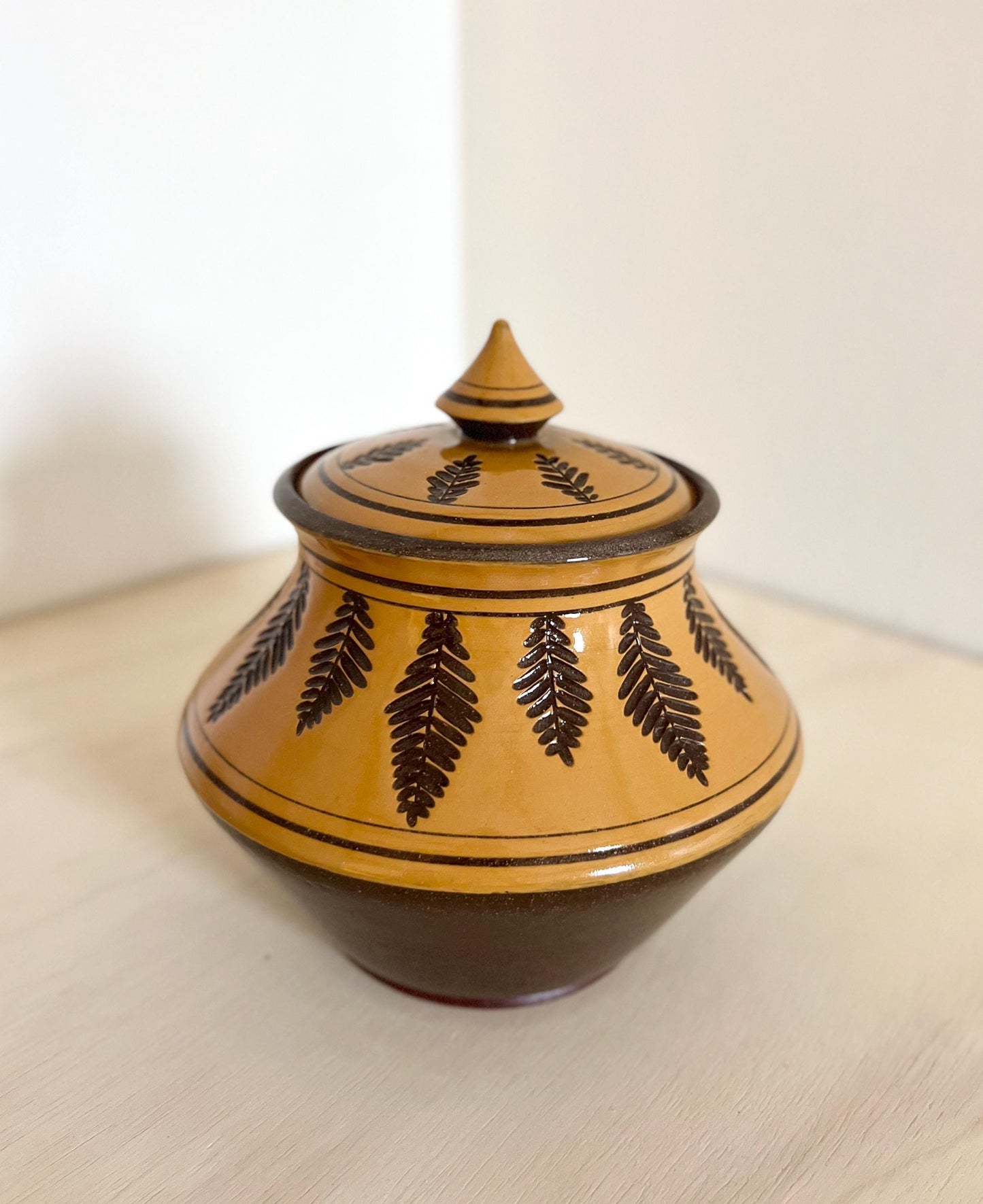 Ceramic Lidded Jar, Golden Fern design, ceramic jar Fern design