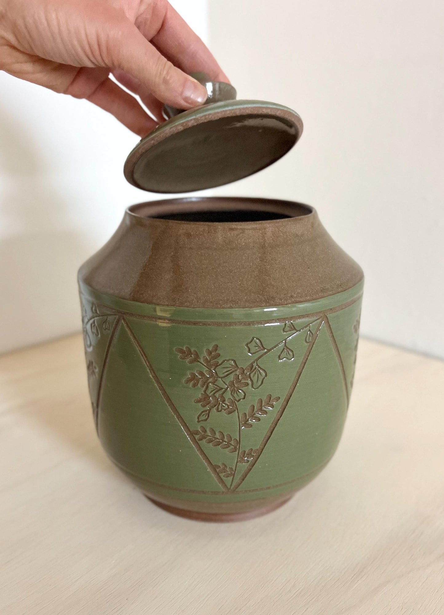 Ceramic Lidded Jar, Triangle Plant design, Botanical Geometry