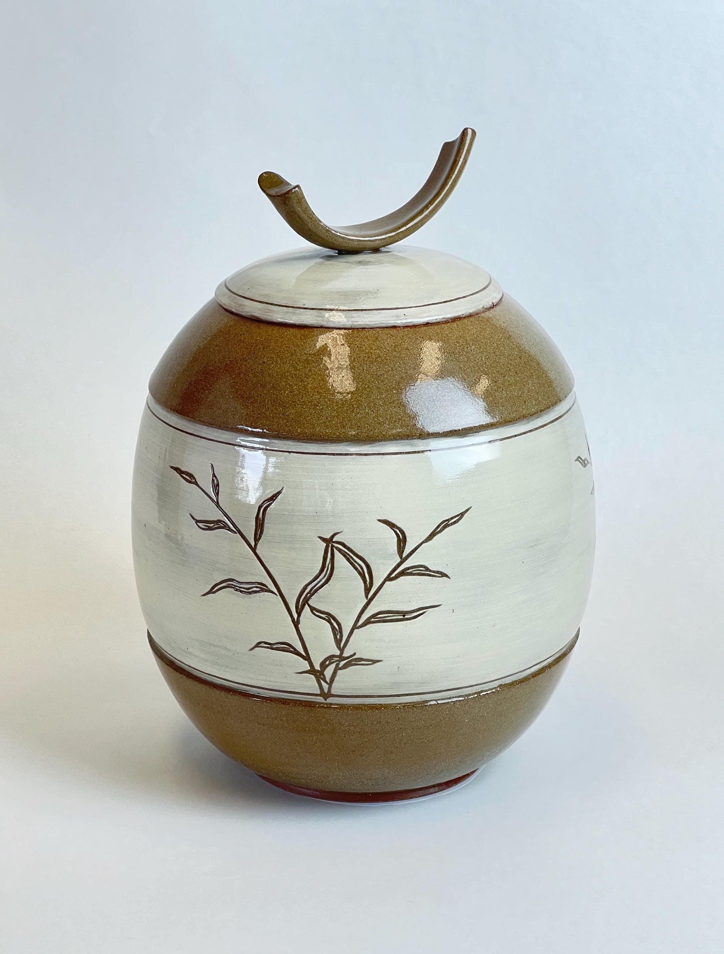 Ceramic Lidded Jar, Palm leaf design, ceramic jar plant design