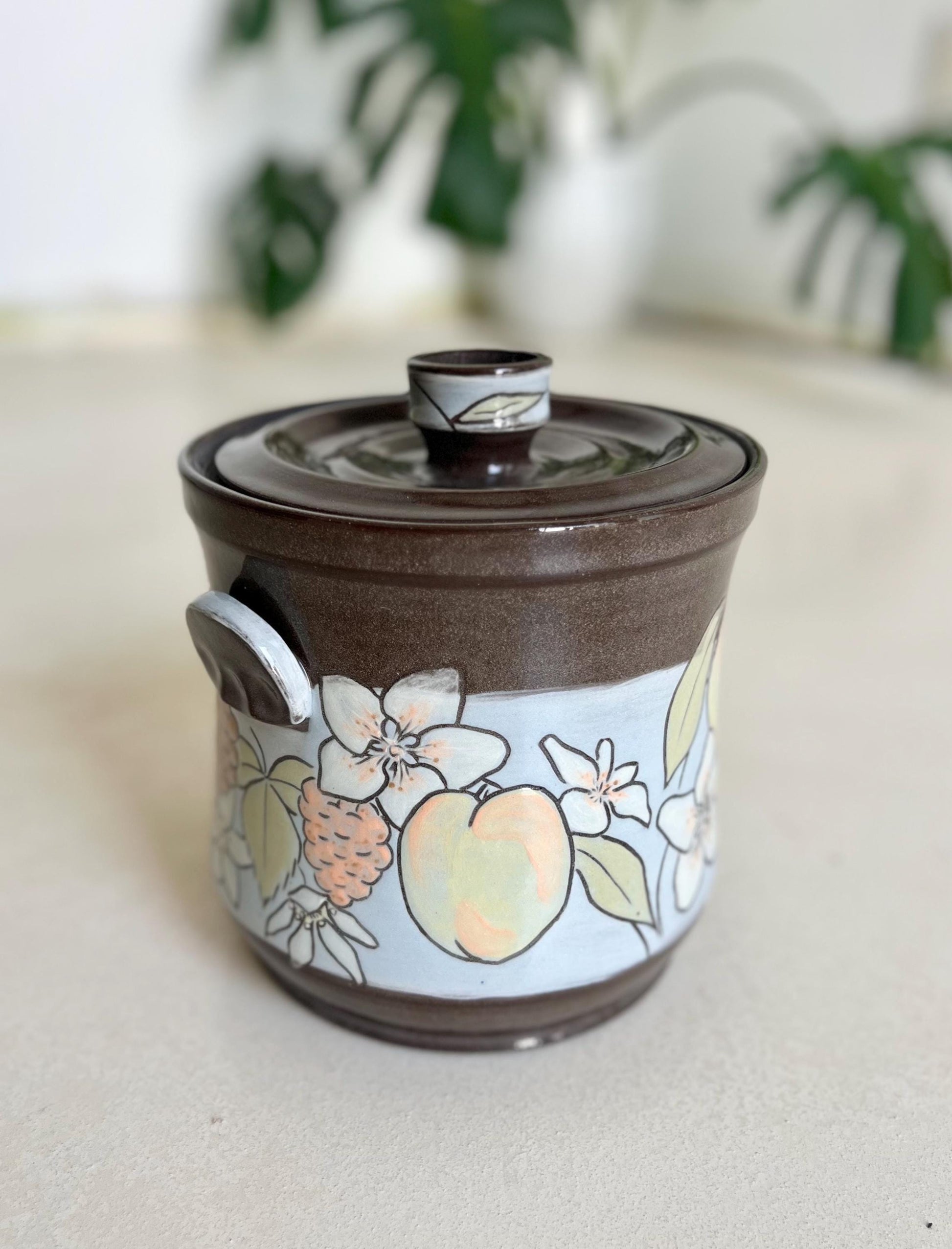 Floral and Fruity Ceramic Lidded Jar, Storage Jar