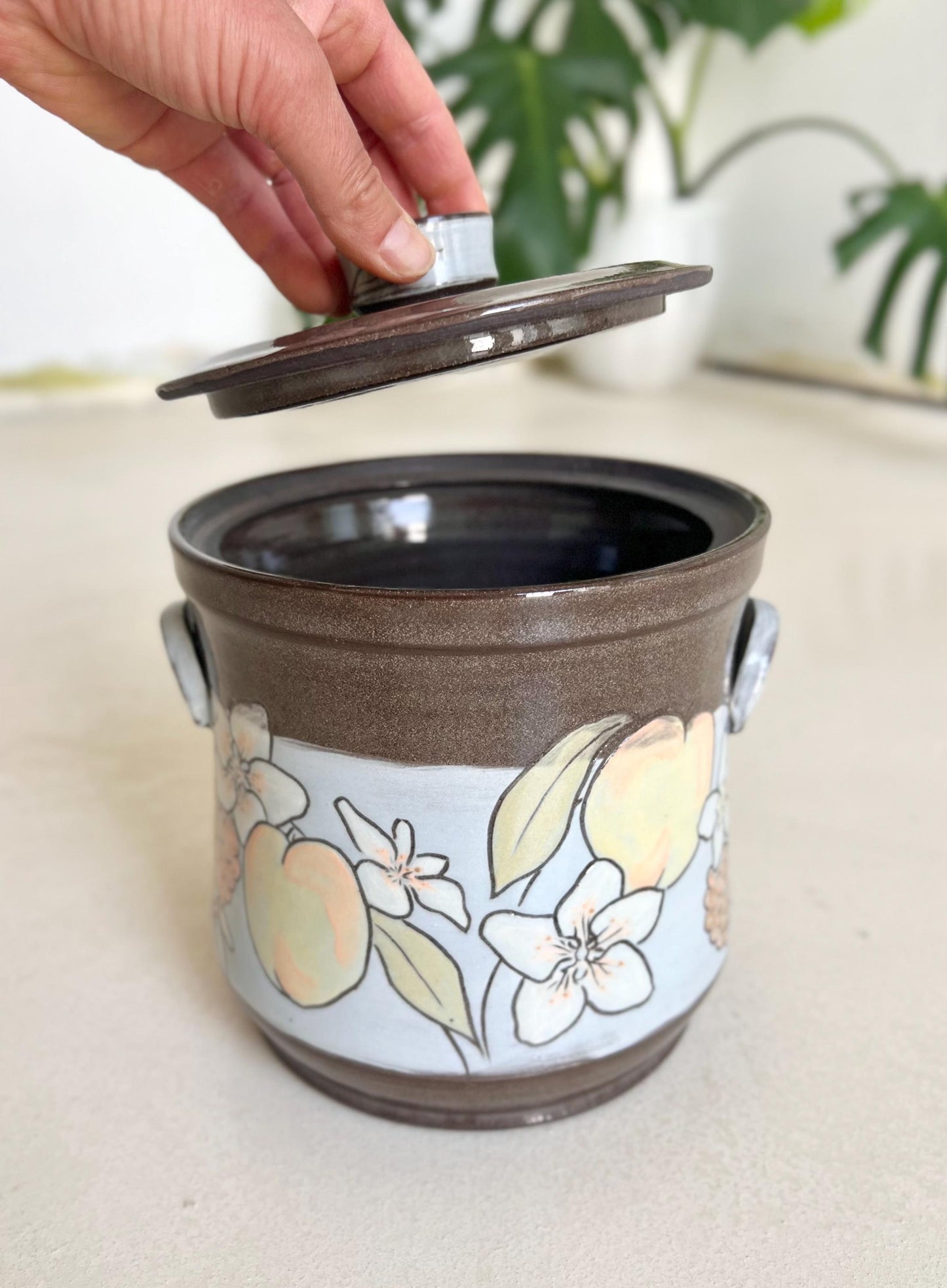 Floral and Fruity Ceramic Lidded Jar, Storage Jar