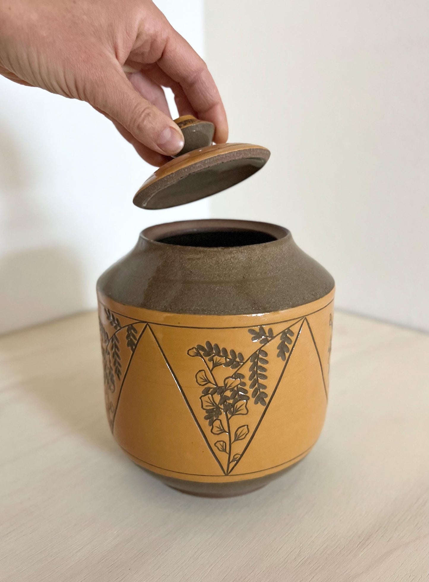 Ceramic Lidded Jar, Triangle Plant design, Botanical Geometry