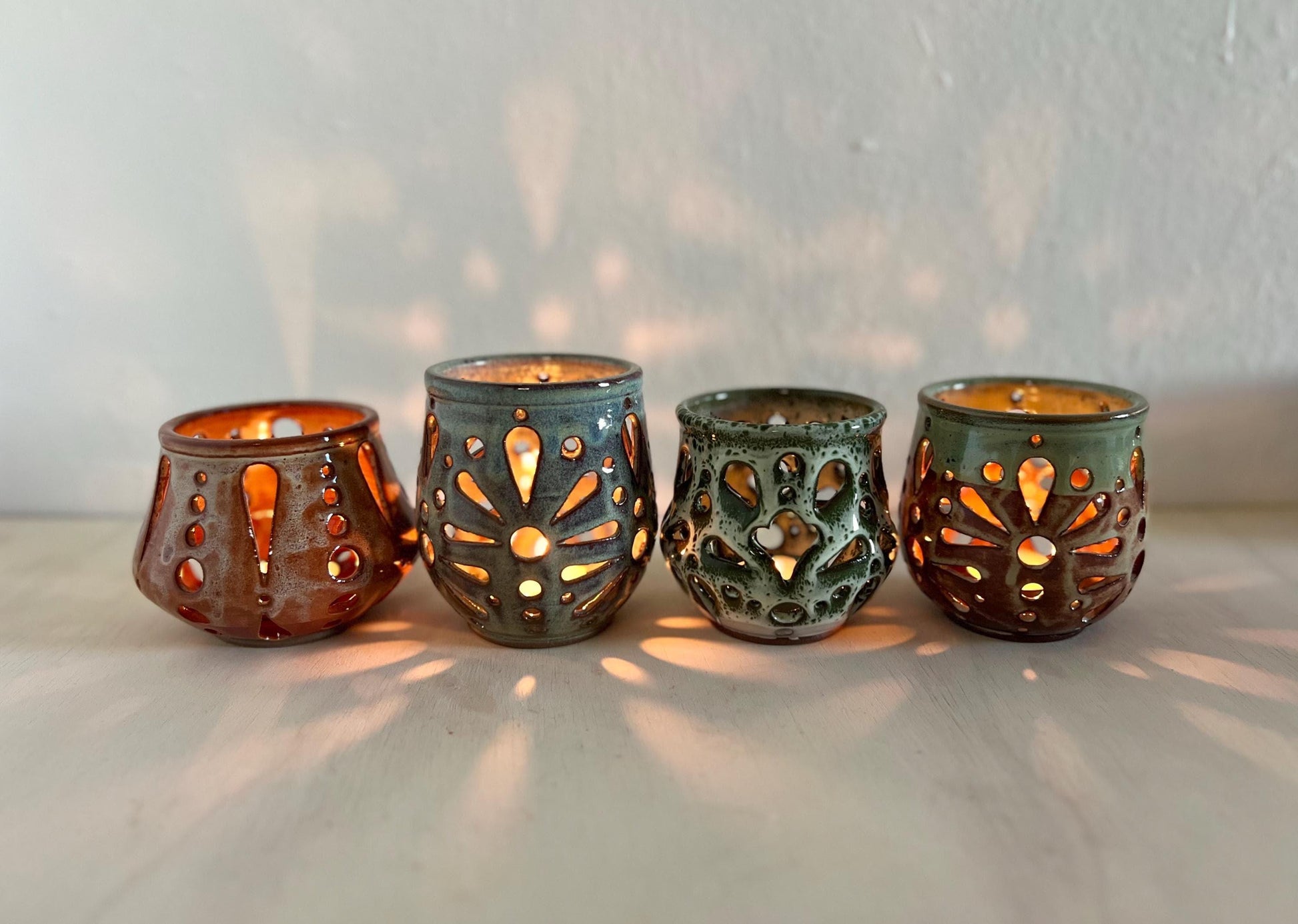 Carved Ceramic tea light holder, candle holder