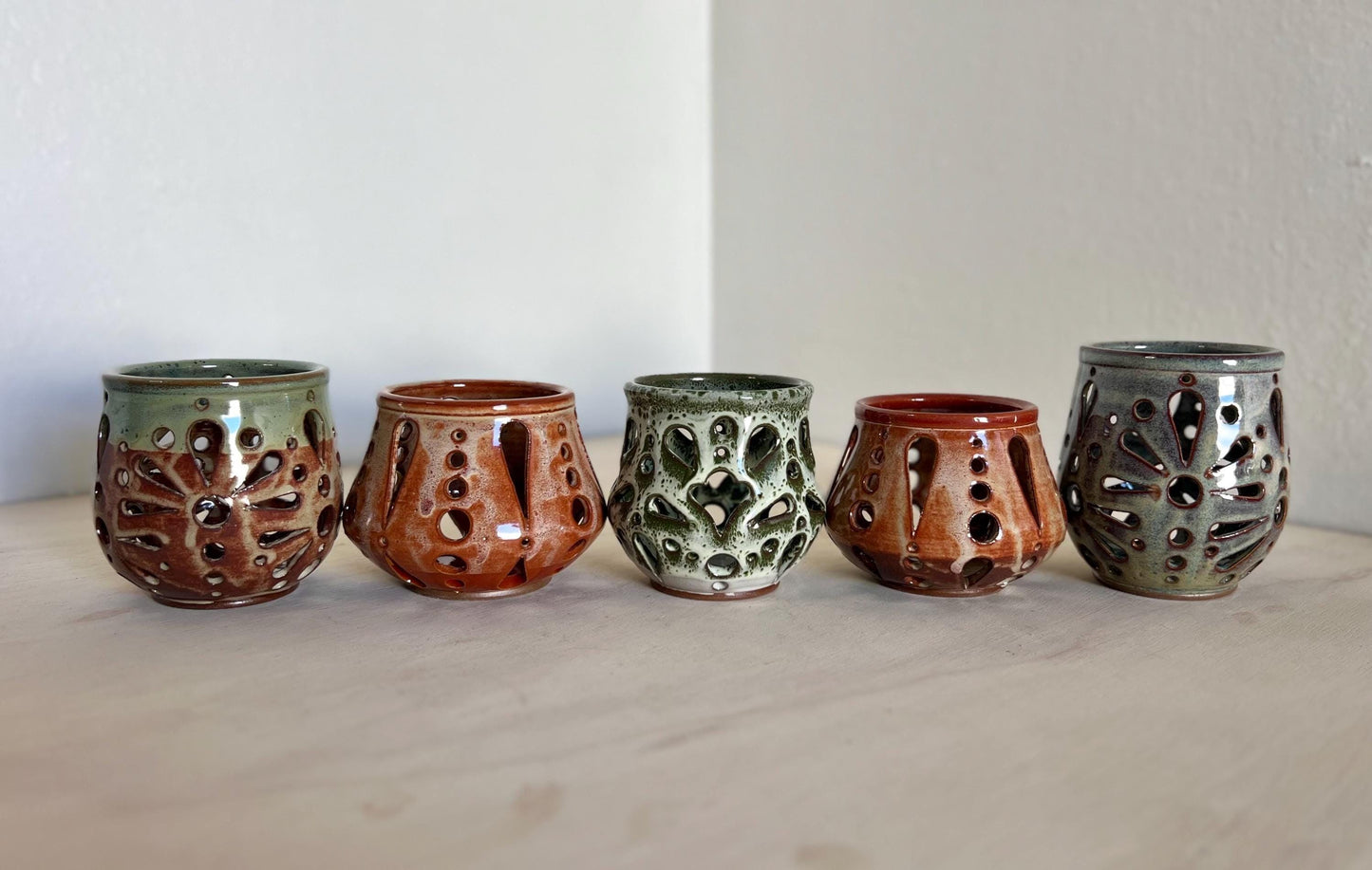 Carved Ceramic tea light holder, candle holder