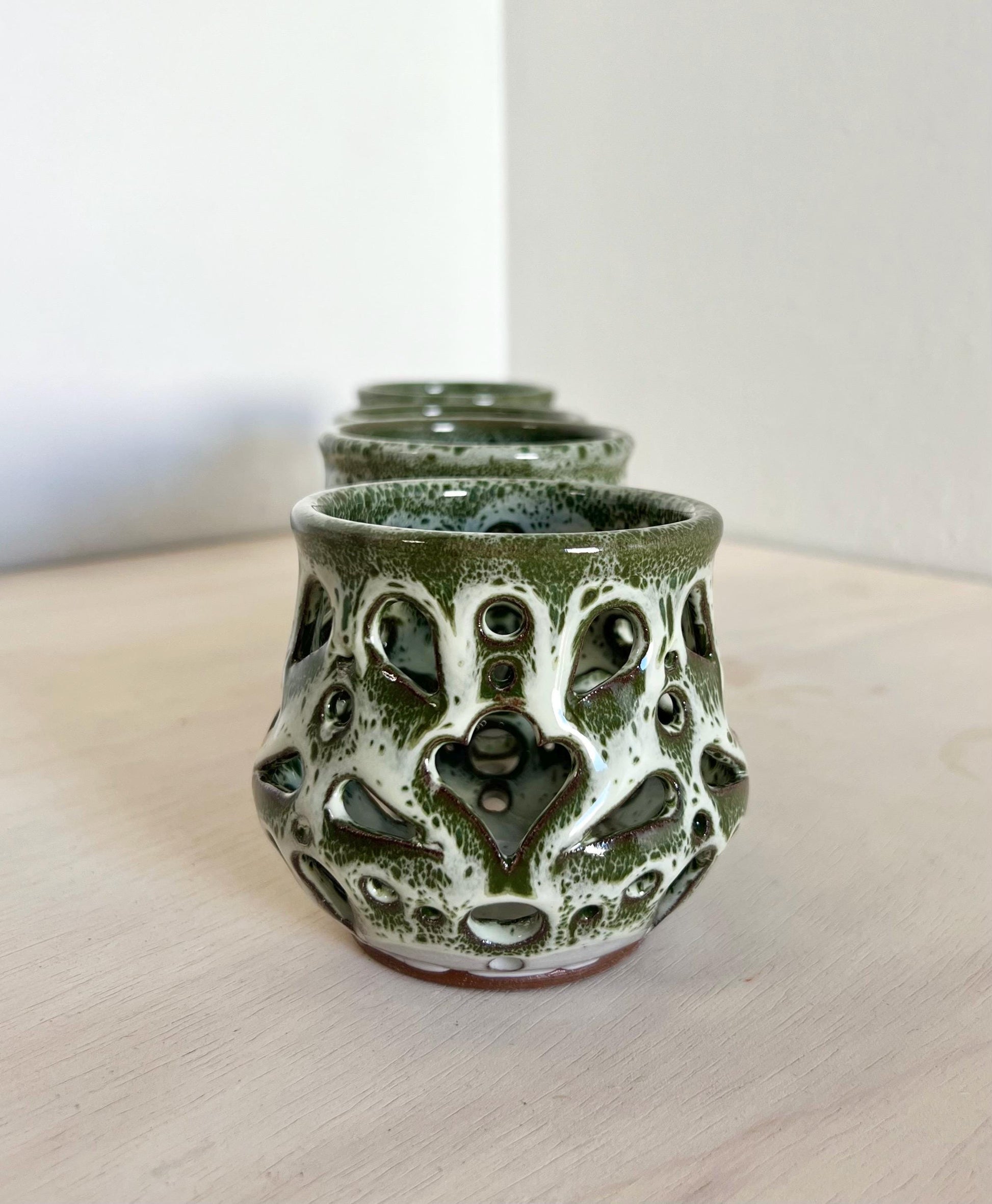 Carved Ceramic tea light holder, candle holder