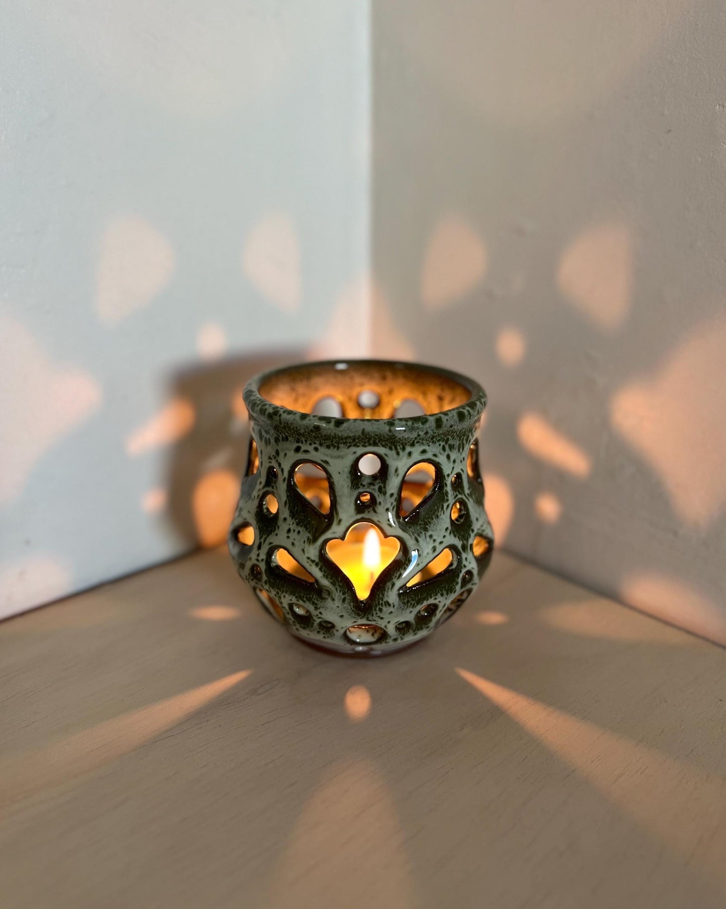 Carved Ceramic tea light holder, candle holder