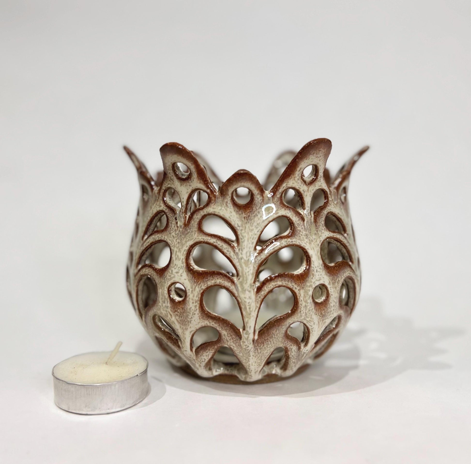 Carved Floral Ceramic Votive, candle holder