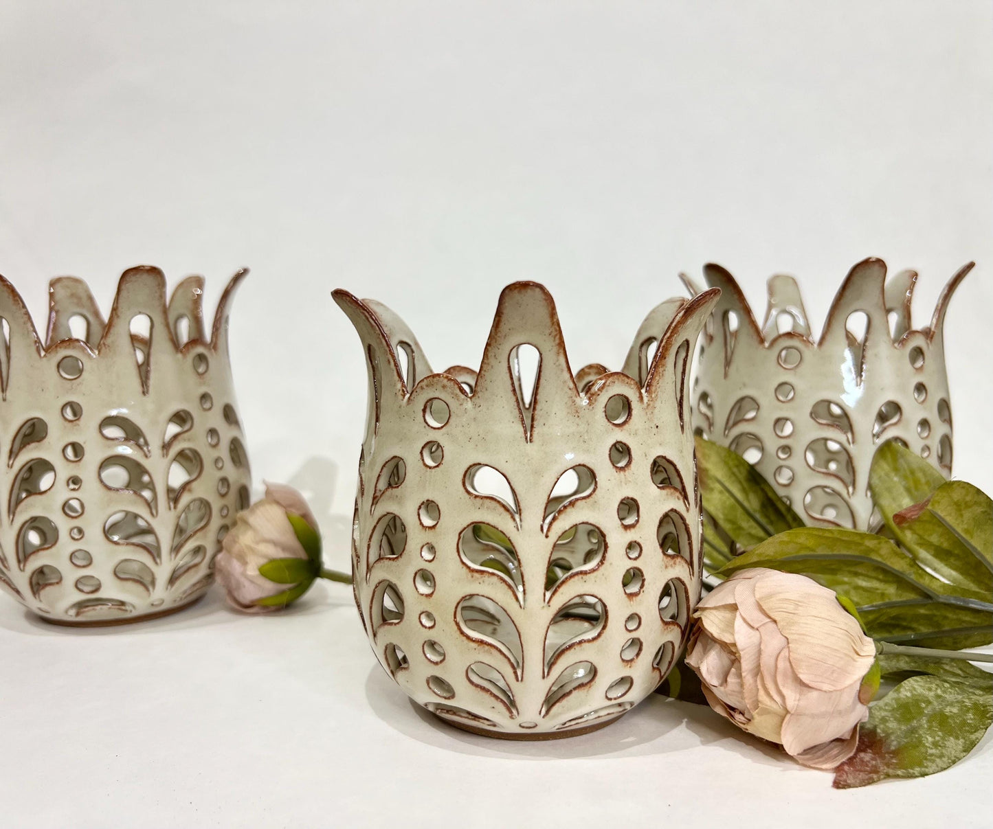 Carved Floral Ceramic Votive, candle holder