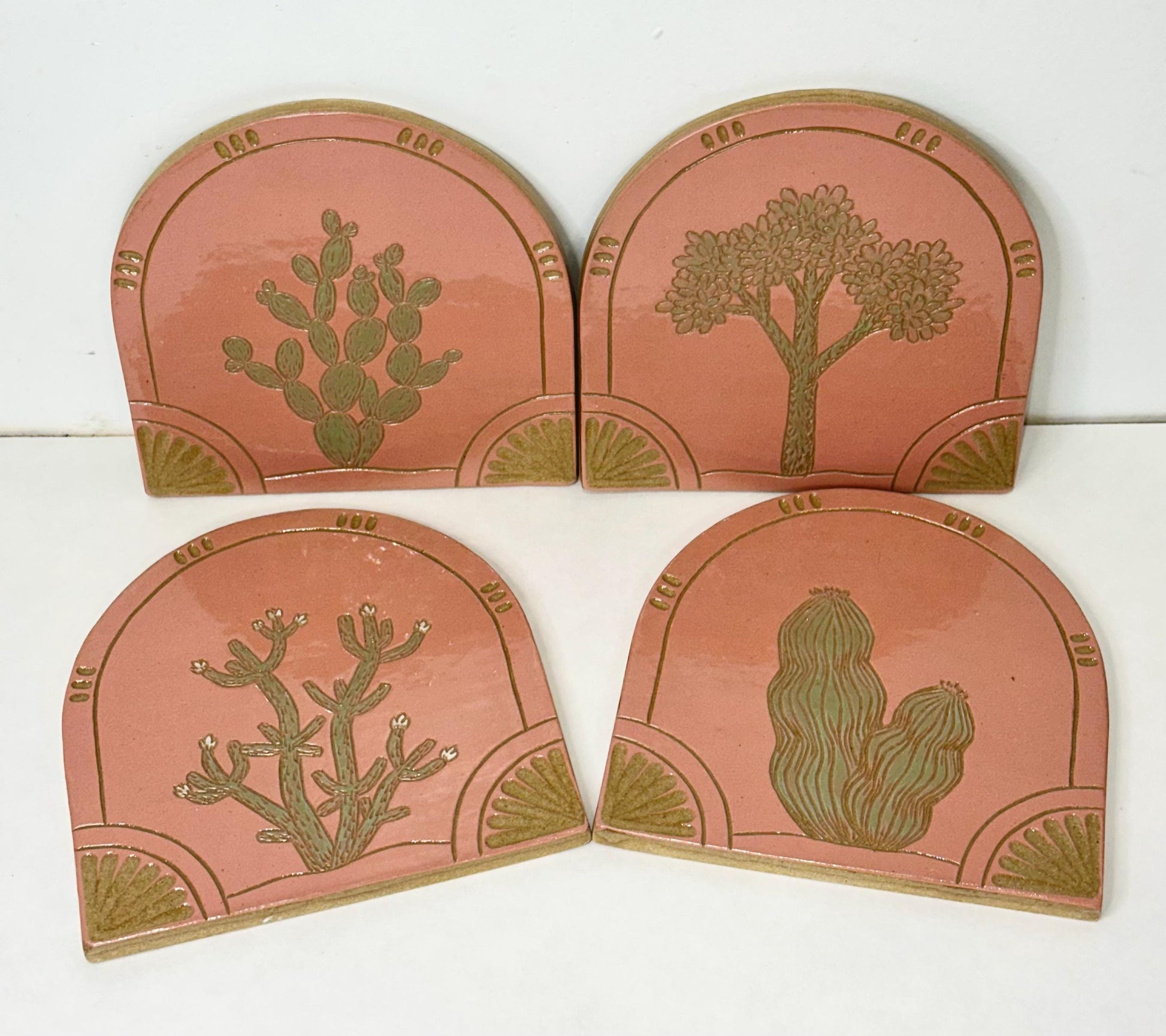Handmade Arched Tiles Desert Cacti Botanical Design