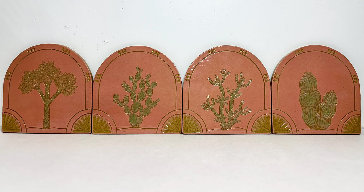 Handmade Arched Tiles Desert Cacti Botanical Design