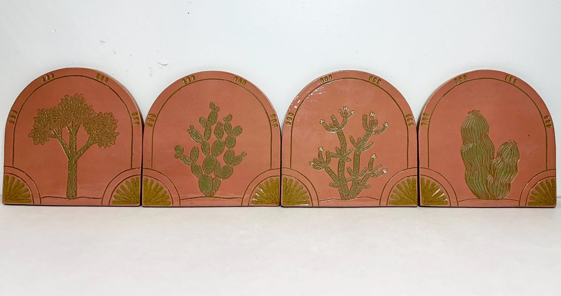 Handmade Arched Tiles Desert Cacti Botanical Design
