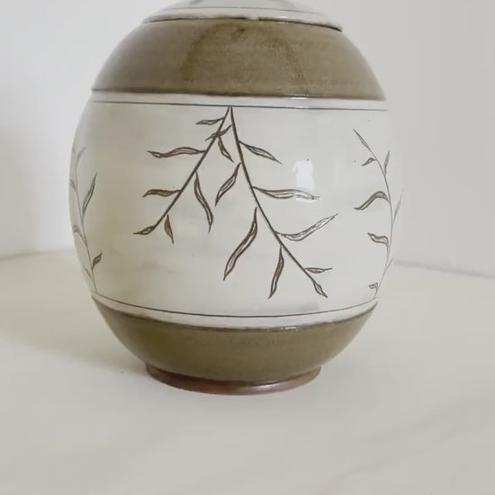 Ceramic Lidded Jar, Palm leaf design, ceramic jar plant design