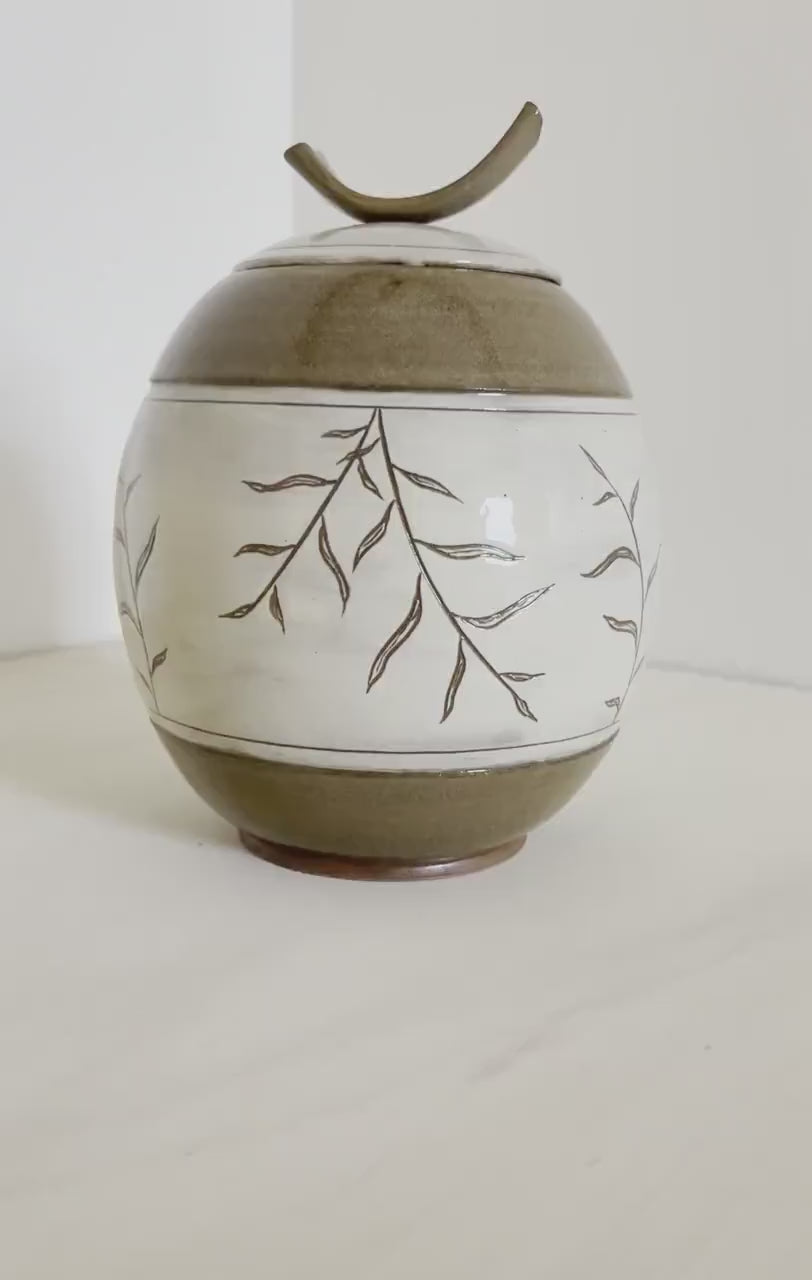 Ceramic Lidded Jar, Palm leaf design, ceramic jar plant design