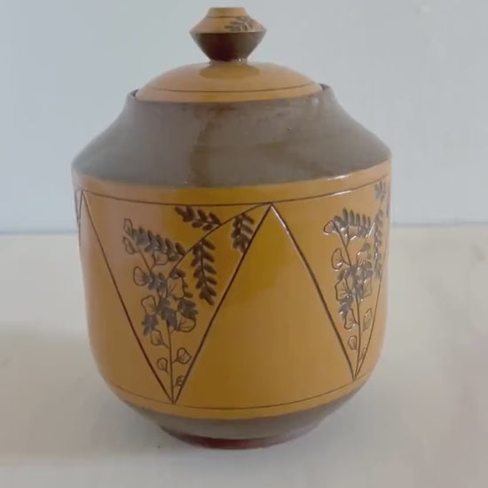 Ceramic Lidded Jar, Triangle Plant design, Botanical Geometry