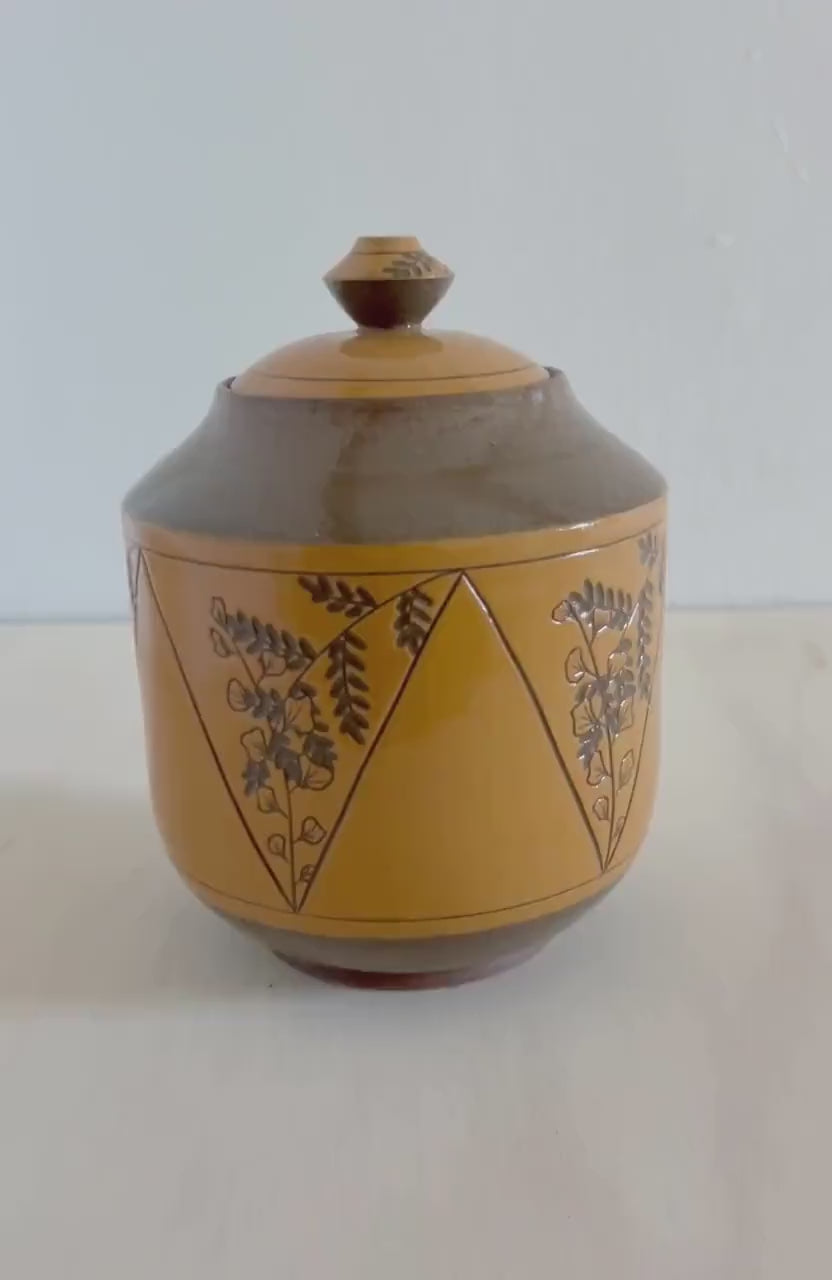 Ceramic Lidded Jar, Triangle Plant design, Botanical Geometry